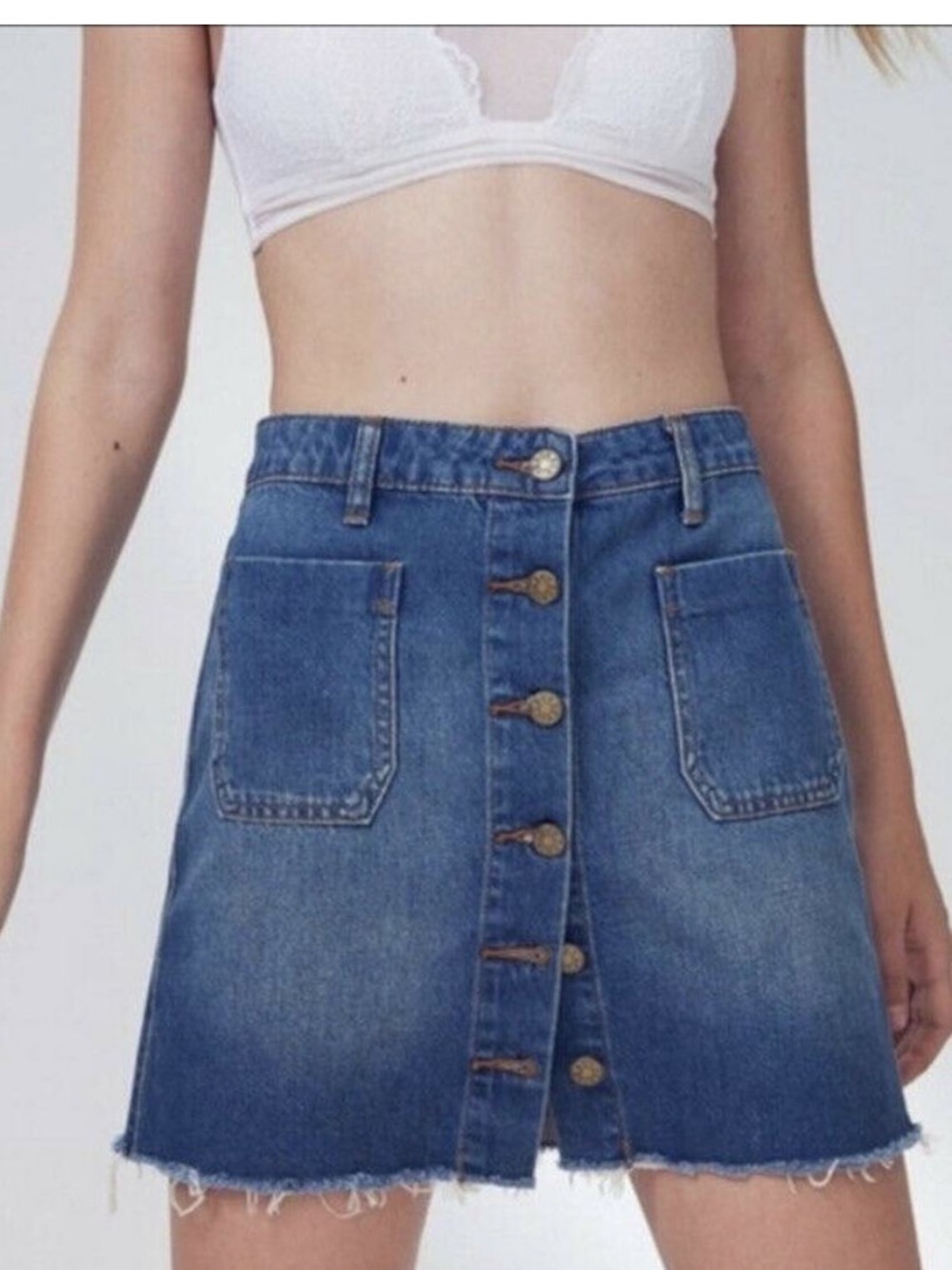 BDG Urban Outfitters Jean Denim Mini Skirt Blue Buttons Distressed Y2K Small